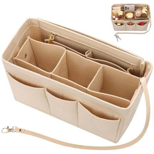 Handbag Organiser Insert with Multiple Compartments & Zips, Beige Multi-Pocket Felt Tote Bag Organisers, 27x16x15cm Large Capacity Storage Pouch, Women Travel Makeup Organizer for Cosmetic Toiletry