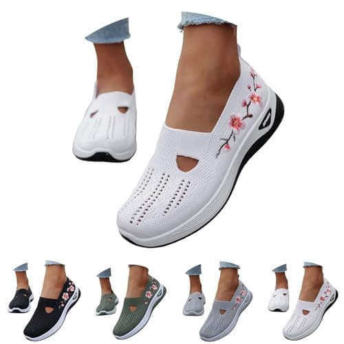 Orthopedic Shoes for Women,Women Comfy Orthopedic Walking Shoes Womens Lightweight Slip-On Knitted Embroidery Sneakers Comfortable Walking Shoes Breathable Slip On Arch Support Non-Slip Sneakers