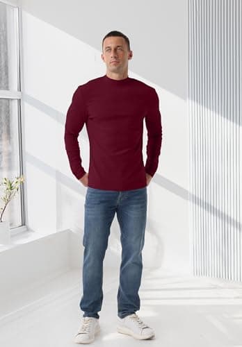 QIXING Men's Thermal Top, Long Sleeve Mock Neck Cotton Base, Burgundy, S — view 3