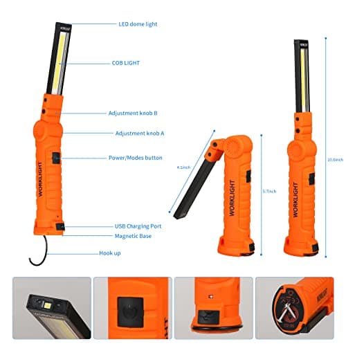 Vagocom LED Rechargeable Inspection Lamp Torch, Portable Work Light Super Bright Flashlight Torches Battery Powered with Magnetic Base for Home Use,Mechanic Tool,Useful Gifts for Mens him(2 Pack) — view 3