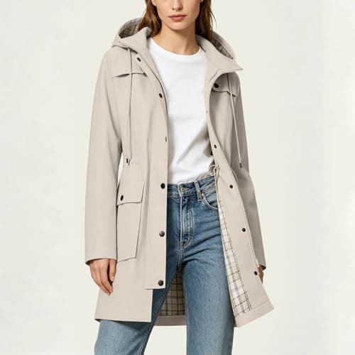 Znwerma water proof jacket women Waterproof Jacket Lightweight for Women Ladies Windbreaker Rain Coats Full Zip Hooded Long Raincoat Casual Hiking Walking Outwear Beige — view 3