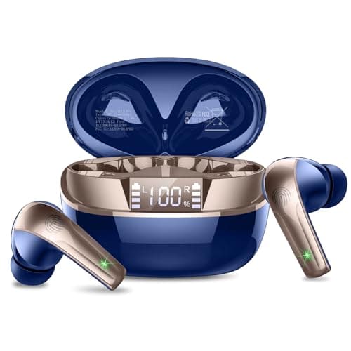 AOSRAU Wireless Earbuds, Bluetooth 5.3 Mini Headphones, Noise Cancelling Mic, Waterproof, Blue Gold