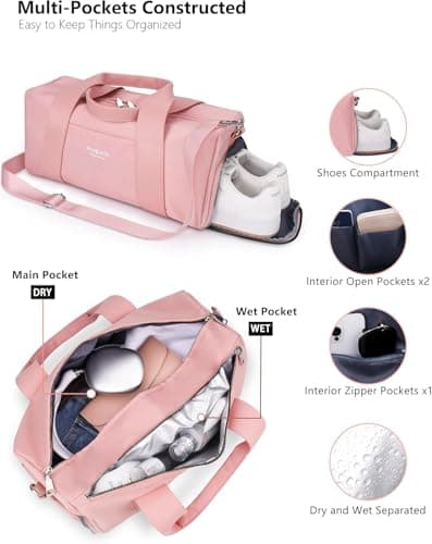 Small Gym Bag for Girls Kids,Sport Duffle Bag for Women Fitness Workout, Travel, Dance, Ballet, Swim with Shoes Compartment & Waterproof Pocket,Easy Carrying Pu Leather Handle (Pink,16"-Small) — view 4