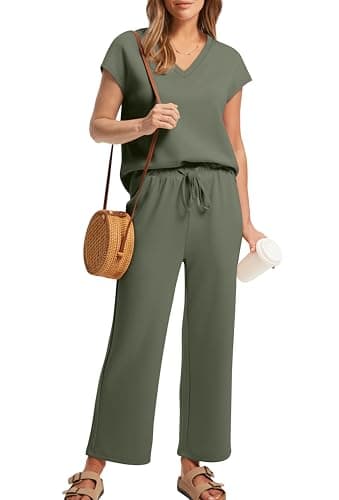 Saloogoe Co ord Lounge Wear Sets for women uk Summer Tracksuits Full Sets V Neck 2 Piece Outfits Casual Travel Vacation Green Size 14-16 — view 2