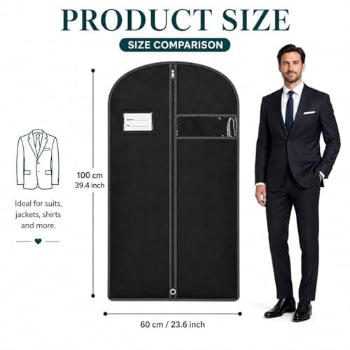 URMI Suit Bag, Breathable 60 x 100cm (5 PCS) Garment Bags Clothes Bags for Storage with Clear Window Dust Moth Proof Dress Bags Protector for Suit, Coat, Jacket, Dress Closet Storage Black — view 2