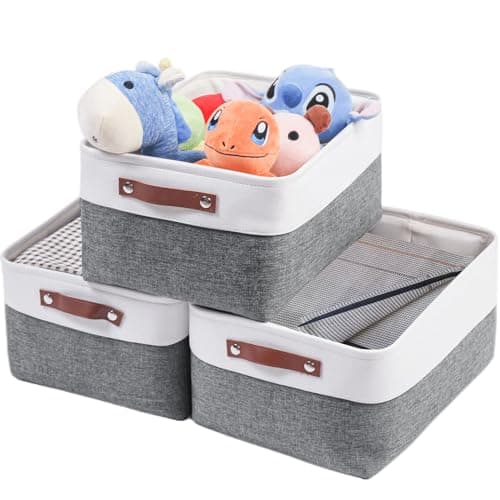Mangata Woven Fabric Storage Boxes Set of 3, Canvas Storage Organizer for Clothes, Toys, Shelves, Cold Grey&White (Medium, 3Pack)
