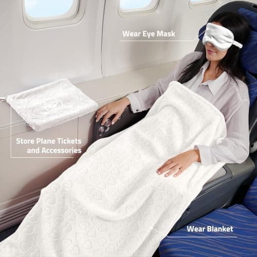 ENZOLVE Travel Blanket, Airplane Blanket, Ultra-Soft, Warm & Lightweight, 65x40 in, Outdoor Blanket Essentials for Women, Men & Kids, Included Eye Mask, Luggage Sleeve & Backpack Clip Heart Cream — view 2