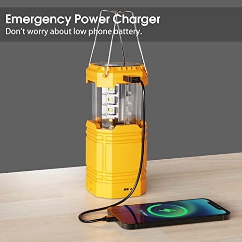 LED Camping Lantern for Emergency, Ultra Bright Outdoor Solar Flashlight with 35 Hours Play Time, Hand Crank Collapsible LED Tent Light, Portable USB Charger Yellow — view 4