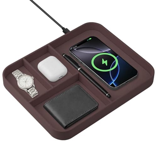 VOVIPO Faux Leather Valet Tray,with 2 in 1 Wireless Charging Compatible With iPhone/17/16/15/15 Plus/15 Pro/15 Pro Max/14/13/12/Wireless earphones,Office/Home Desk Organizers Tray-Brown