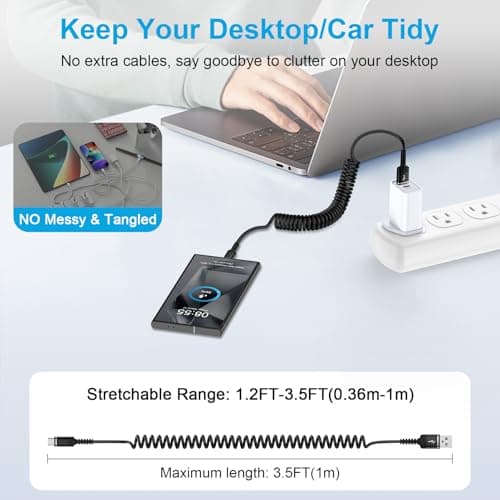 Coiled USB C Cable Short [0.3-1m] for Car, Charger Cable Type C Fast Charging Retractable Phone Charger Android Auto Cable for Samsung Galaxy A57 A17 A16 A56 A26 A36 A55 S26 S25 S24 S23 S22 S21 S20 FE — view 3