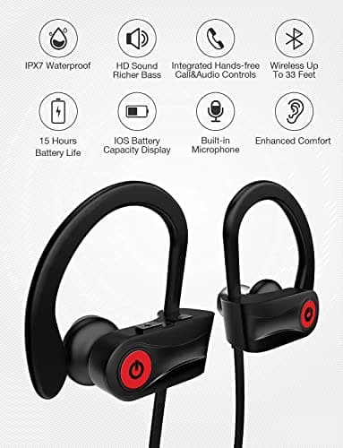 Otium Bluetooth Headphones, Wireless Headphones IPX7 Waterproof Earphones Sport Earbuds With Bluetooth 5.3 Chip 15 Hours Battery, Sound Isolation Mic Earbuds for Gym Running Outdoor Sports Workout — view 2