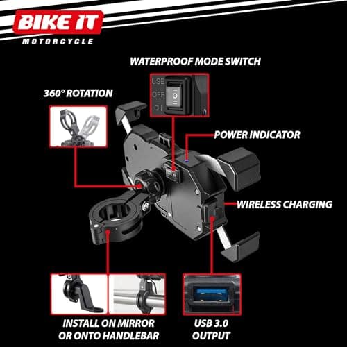 Bike It Motorcycle Phone Holder with Wireless Qi 15W & USB QC3.0 Charger – Waterproof Handlebar/Mirror Mount – 360° Rotating – Fits 3.5–6.8" Smartphones — view 2