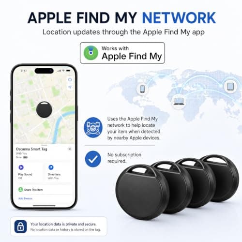 Oscanna Smart Tag 4 Pack for Apple Find My, Bluetooth Item Trackers for Keys, Wallets, Bags and Luggage, Replaceable CR2032 Battery, Black — view 2