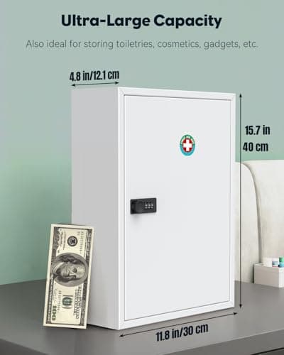 Uniclife Wall Mount Medicine Cabinet with Combination Lock, Locking First Aid Cabinet, Lockable Medical Cabinet, Large Capacity Medicine Organizer, Secure Steel Wall Cabinet Metal Storage Box, White — view 2