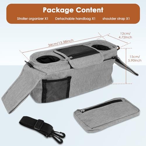 Stroller Organizer with 2 Cup Holder,Pram Bag Waterproof Oxford Infant Caddy Organizer with Detachable Pocket Adjustable Shoulder Strap Organizer Portable (Grey) — view 2
