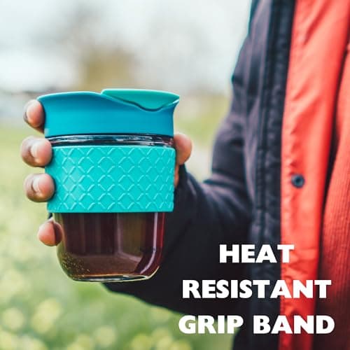 SoleCup. - Reusable Strengthened Glass Travel Cup - Spill Proof Coffee Mug - 12oz/340ml BPA-Free Hot Drink Travel Mug with Lid & Silicone Band (Grey and Blue, 12oz / 340ml) — view 4
