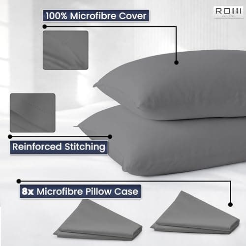 Rohi Value Range Pillows 8 Pack with Grey Microfibre Pillowcases | Neck Support Hypoallergenic Pillow | Breathable Medium Firm Pillows for Back, Front & Side Sleepers | UK Made 45 × 66 cm — view 6