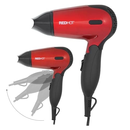 Red Hot Travel Hair Dryer, Dual Voltage, Folding Handle, 2 Speed