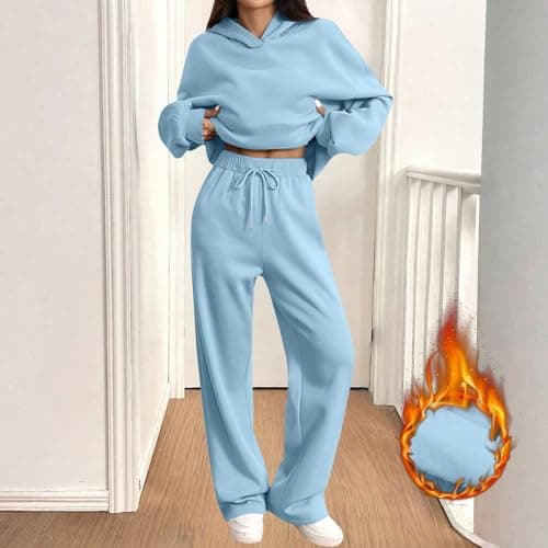 Tracksuit Womens Full Set Oversized 2 Piece Outfits Long Sleeve Hoodie and Sweatpants Women Lounge Wear Sets Fashion Sweatsuits Wide Leg Jogger Loose Loungewear Gym Fitness Activewear Set Sky Blue L — view 5