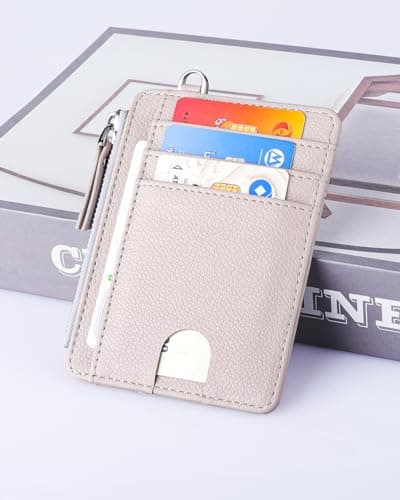 Teskyer Card Holder Wallet, Slim Credit Card Wallets, Minimalist, RFID Blocking, 1 ID Window, with Zipper, Holds up to 8 Cards, Beige — view 4