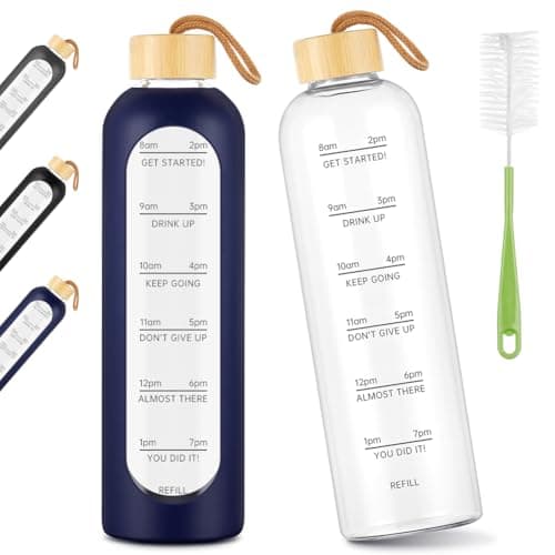 AOOWU Glass Water Bottle with Time Marker, 1000ml Leak-proof Sports Glass Water Bottle with Bamboo Lid, Sports Drinking Bottle, Reusable Silicone Case Glass Drinking Bottle, Motivational Water Bottle