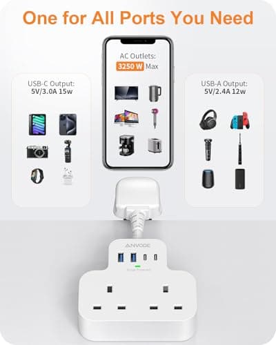 Multi Plug Extension Socket with 4 USB Ports, ANVODE 2 Way Plug Adaptor with Flexible Cable, Short Extension Lead Double Adapter Plug UK for Bedroom, Office, Kitchen. White — view 4