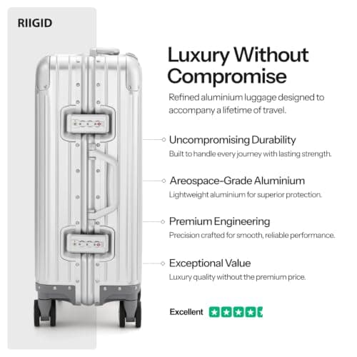 Riigid 20" Silver Aluminium Cabin Suitcase, Hard Shell Carry On Luggage with Removable Wheels, Zipperless TSA Lock, 8 Spinner Wheels, Metal Travel Suitcase, Hand Luggage Cabin Bag — view 2