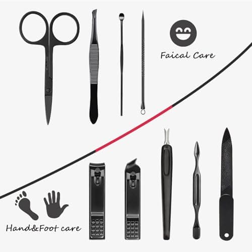 Manicure Set 9 in 1 Stainless Steel, Nail Clippers Scissors Pedicure Tools Kit - Portable Travel Grooming Kit for Men and Women with Black/Red Leather Case (Red) — view 5