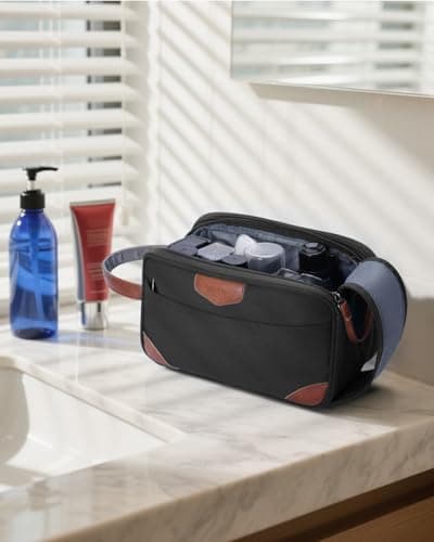 ECOHUB Wash Bag for Men, Water-Resistant Travel Toiletry Bag with Wet Pocket, Recycled Dopp Kit Shaving Bag Fit Full Size Toiletries, Wide-Open Dual Zipper Cosmetic Makeup Organizer Bag, Black — view 2