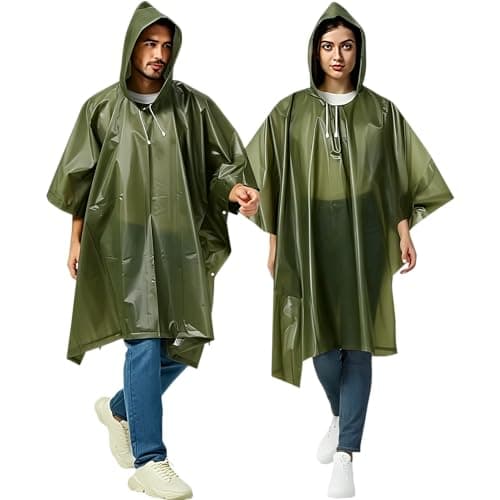UPSEN Rain Ponchos for Adults, 2 Pcs Reusable Raincoats Coats Jackets Emergency for Women Men with Hood, Green — view 2
