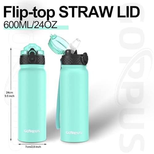 GOPPUS 600ml/20oz Stainless Water Bottle with Straw Double Wall Insulated Bottles with Strap One Hand Open Vacuum Thermal Flask with Flip Top Lid Leakproof Keep Cold Drinks BPA Free (Mint Green) — view 4