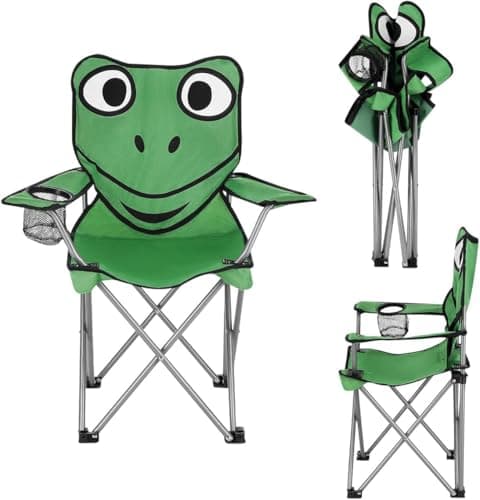 LIZZIE JACOBS Kids Folding Camping Chair with Armrest and Cup Holder Cute Animal Frog & Monkey Design Foldable Chair for Beach, Fishing, & Backyard 110lbs Capacity for Boys & Girls (Frog Green) — view 3