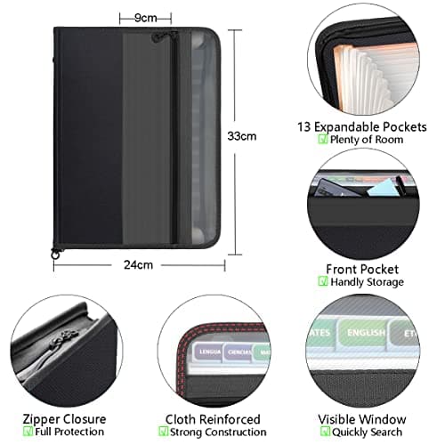 Pack of 2 TRANBO 13 Pockets Expanding File Folder with Zipper Closure, A4 Plastic Document Wallet Organiser with Handy Front Pocket (Black) — view 2