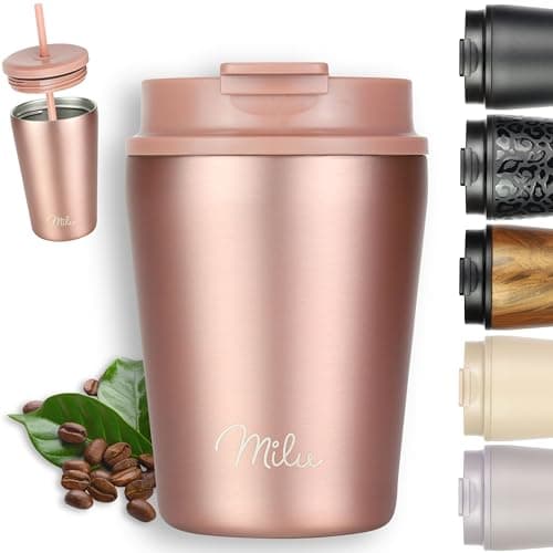 Milu Thermo Mug 300ml - 100% Leak-Proof - Stainless Steel Coffee Mug to go Insulated with Straw Keeps hot for 10h / Cold for 20h, BPA-Free (Rose Gold, 300ml)