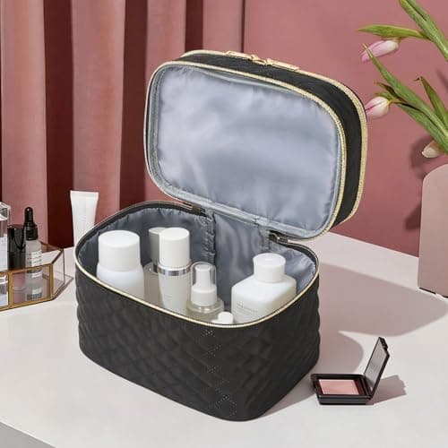 Double Layer Makeup Bag Cosmetic Bags for Women, Make Up Travel Bag - Black — view 6