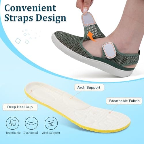 JOINFREE Womens Summer Shoes Wide Fit Mesh Breathable Walking Shoes Adjustable Strap Sandals for Elderly Seniors Anti Slip Rubber Sole Lightweight Comfort Fit Trainers Dark Green — view 3