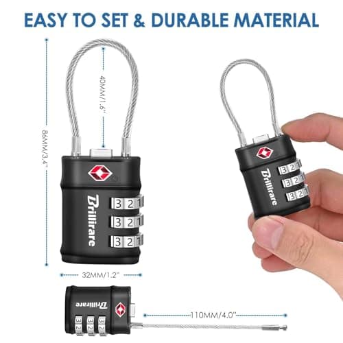 2 Pack TSA Approved Luggage Locks, Combination Travel Cable Lock, 3-Digit Waterproof Padlock, Zinc Alloy Outdoor Keyless Resettable Lock for Travel, Lockers, Bags, Backpack, Gym, Gate-by Brillirare — view 2