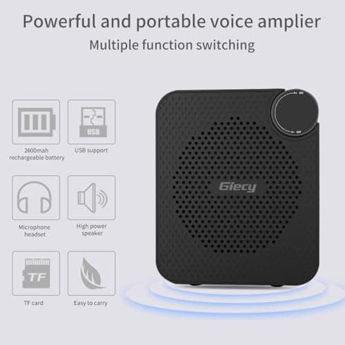 Giecy Amplifier Portable Hands-Free PA with 15W 2600mah Rechargeable Battery Microphone Ideal for Teachers, Tour Guides, Conferences, School Events, Seminars, Yoga,Education and more! (Black) — view 5