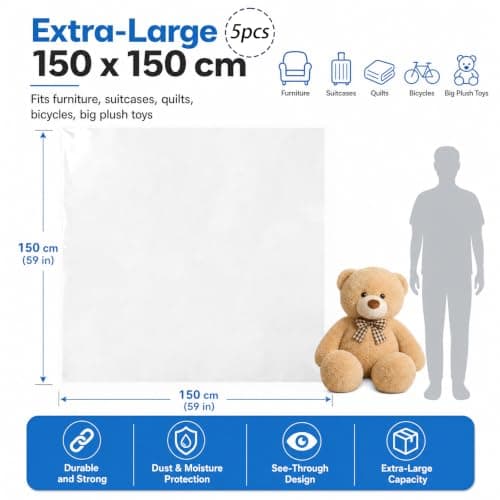 TQIOQIY Large Plastic Bags 5 Pack - 150x150cm Jumbo Clear Storage Bags, Heavy Duty Moving for Furniture Suitcase Luggage Cover, Big PE Bags for Home Attic — view 5
