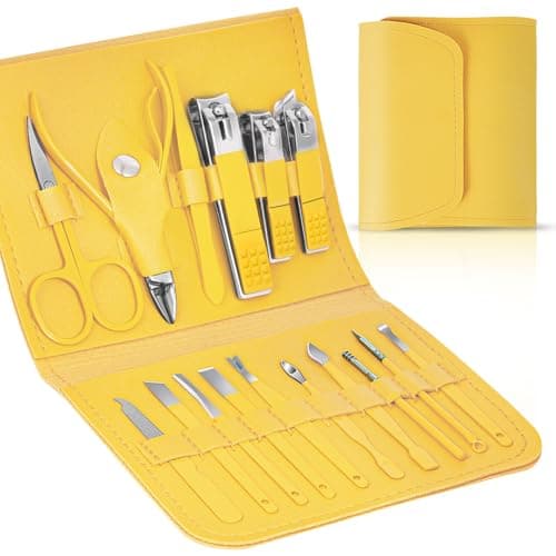 LOPHE Professional Manicure Set, 16pcs Portable Nail Clippers & Eyebrow Grooming Kit, Stainless Steel Nail Care Tools with Luxurious Leather Case for Travel & Home(yellow)