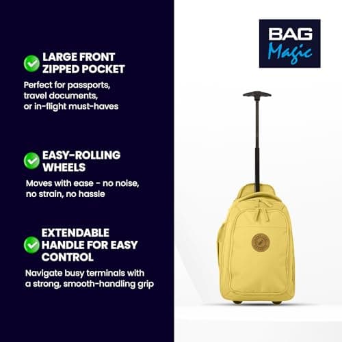 Bordlite Ryanair Cabin Approved Wheeled Backpack 40x25x20cm – 2 in 1 Lightweight Trolley Bag & Rucksack on Wheels (20L) Underseat Hand Luggage for Travel, Business, Weekend Trips - Mustard — view 3