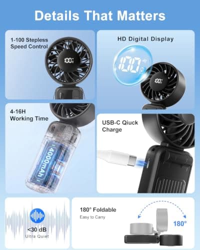 KinYiLO Portable Handheld Fan with 4000mAh Battery – 100-Speed Rechargeable Personal Cooling Fan, 16-Hour Runtime, 3-in-1 Desk & Handheld & Tilt Fan, Ultra-Quiet for Travel Beach Office Outdoor, Black — view 2