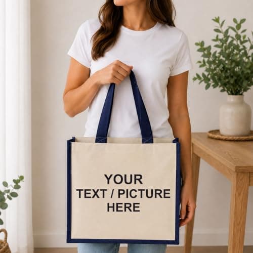 Printshirts Personalised Canvas Tote Bag – Custom Shopping Bag with Image, Logo or Text, Large Reusable Shoulder Bag, Natural Contrast Colour Handles, Personalised Gift Bag Navy — view 3