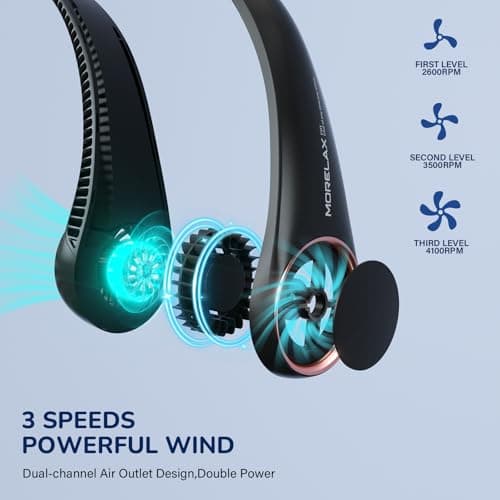 Morelax Neck Fan, Portable Neck Fan,Hands Free Bladeless Mini Fan with 360°Cooling Airflow, 3 Speeds Adjustable,Ultra Quiet Wearable, Suitable for Indoor Outdoor Travel Sports (Black) — view 3