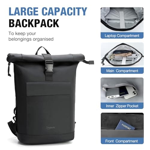 Lekeinchi Rolltop Backpack for Men and Women, Elegant Laptop Backpack, Waterproof with 17 Inch Laptop Compartment, Large Travel Backpack, Daypack, School Backpack for Travel, University (Black) — view 4