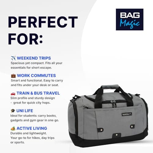 Small Sports Holdall 22L – 45x25x20cm Cabin Size Gym Bag, Travel Duffle Bag with Shoulder Strap – Lightweight Hand Luggage Underseat Bag - Grey — view 2