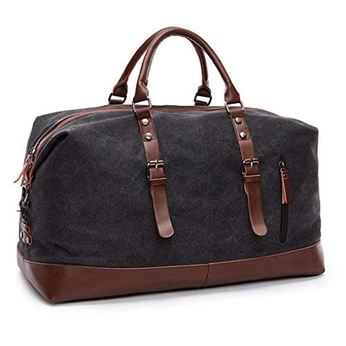 autumndeer Oversized Canvas Holdall Travel Carry On Duffel Bags Plus Handbag Shoulder Bag Crossbody Overnight Weekend Bag Unisex Travel Holdall Handbag with PU Leather Handle (Black)