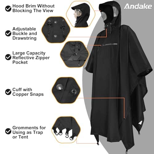Andake Rain Poncho Lightweight Raincoat Unisex Rain Jacket with Waterproof Hood for Camping, Hiking, Outdoor Activities (Black) — view 4