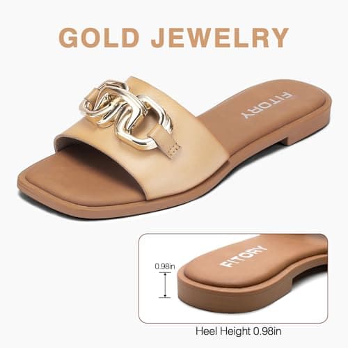 FITORY Women Flat Sandals Slip On Leather Slide Summer Light Brown Size 5 — view 4