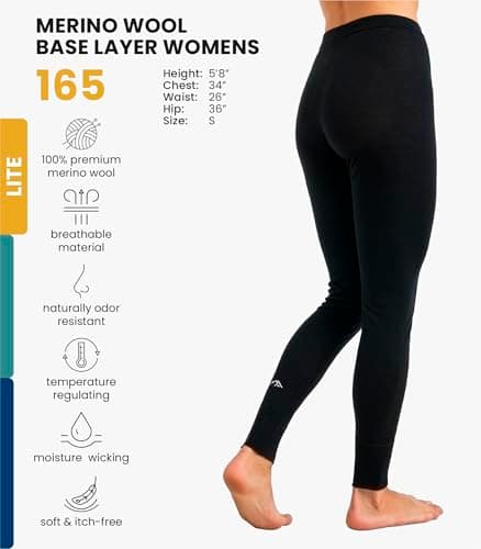 Women's Leggings 100% Merino Wool Base Layer Thermal Pants with Socks (XX-Large, 165 Black) — view 2